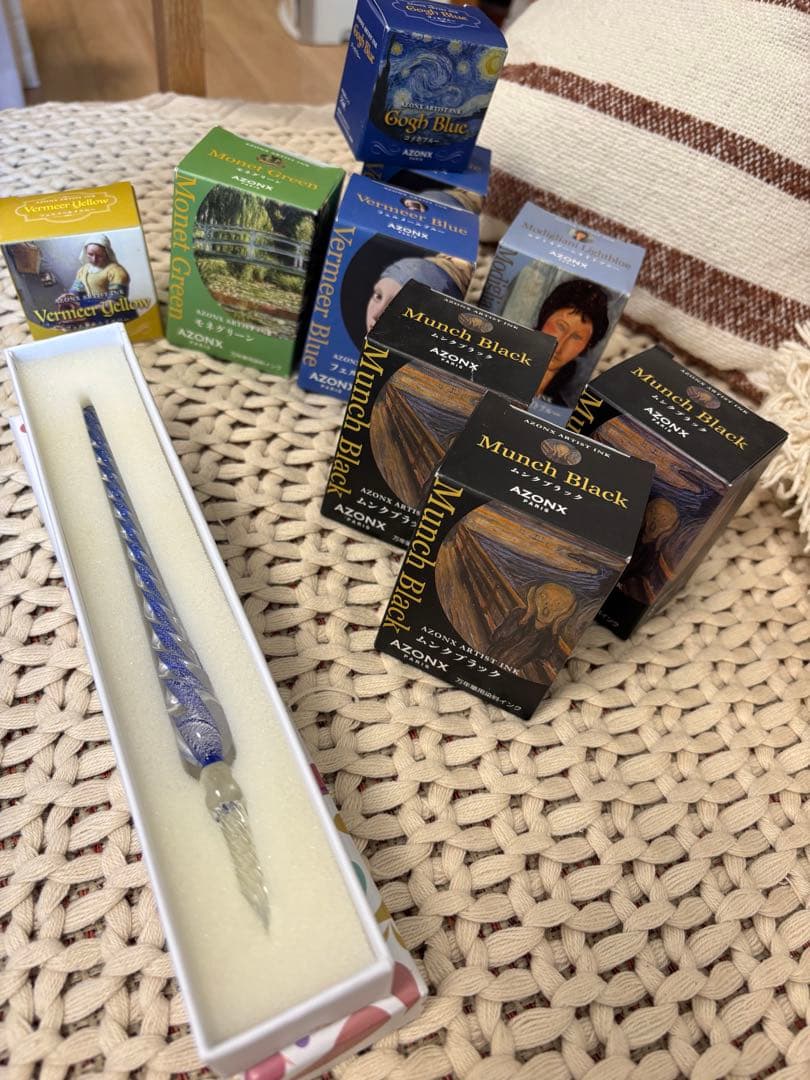 ガラスペン 青と透明 ツイストデザインとインクのセット