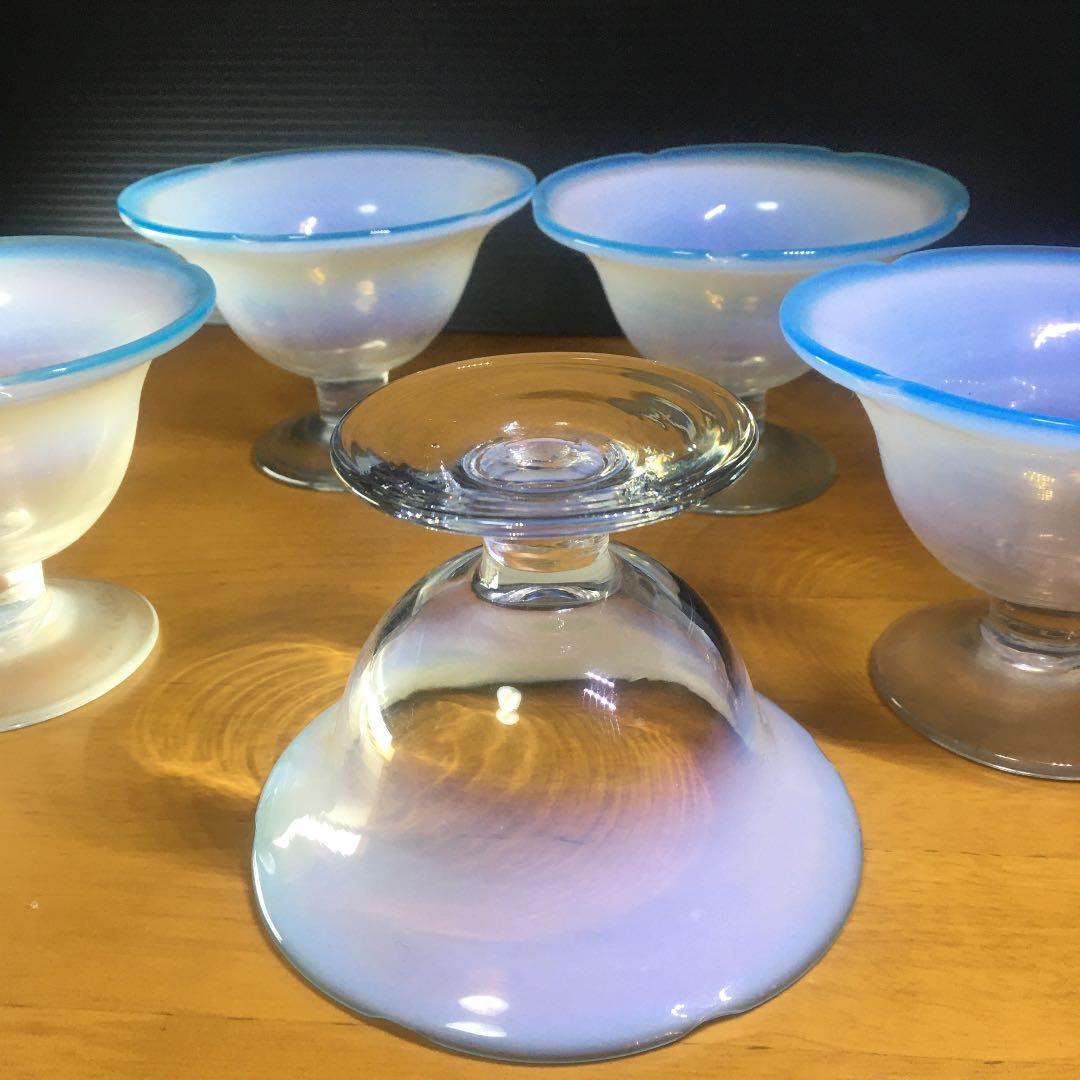 氷コップ③ 乳白色 薄水色縁 5個セット 大正ガラス