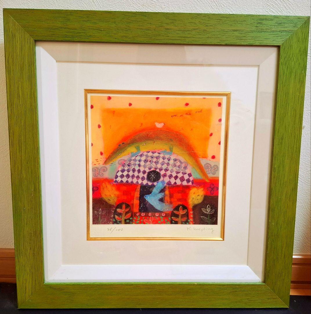 貴重！今週のみお値下げ カレンホイプティング [屋根の上のクロコ]ワニと鳥抽象画