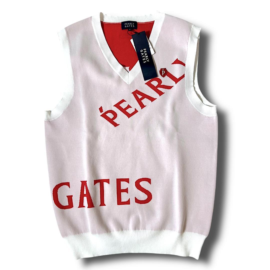 5 パーリーゲイツ ローカルポリ メゾンビッグロゴ Vネック ニットベスト 白赤