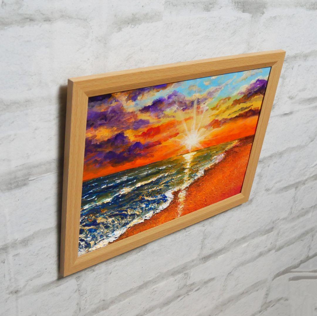 油絵 油彩 油彩画 絵 絵画 【夕陽に染まる海】A4
