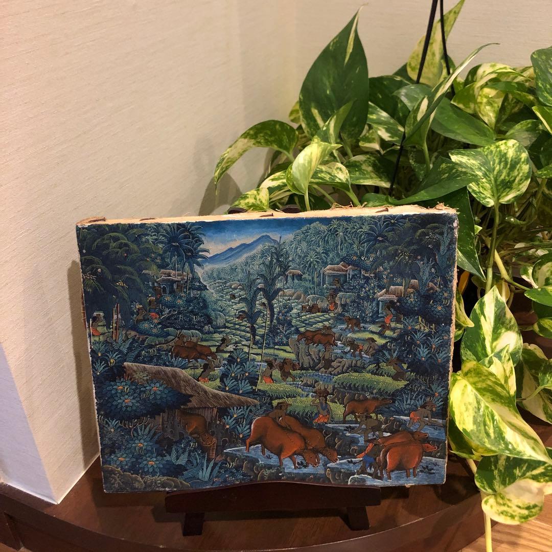 バリ島　油彩画　手描き　木製スタンド付き　一点物アート　アジアンインテリア