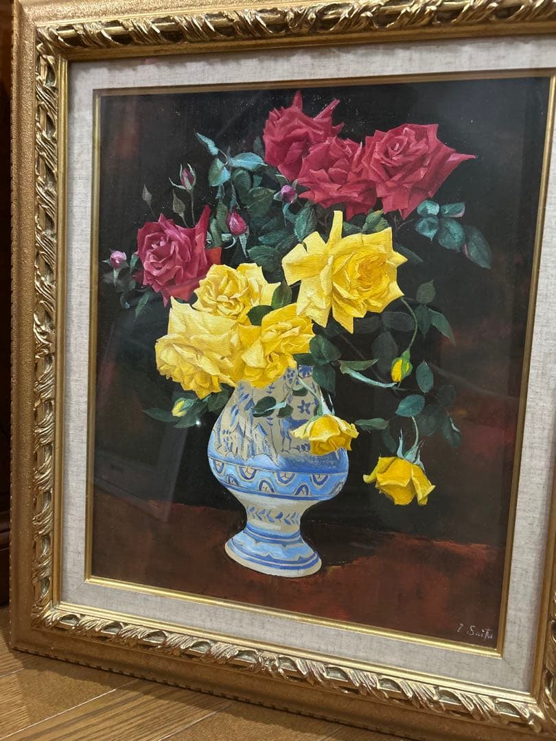 最終値下げ　斎藤隆夫　作品　油絵　薔薇　花瓶