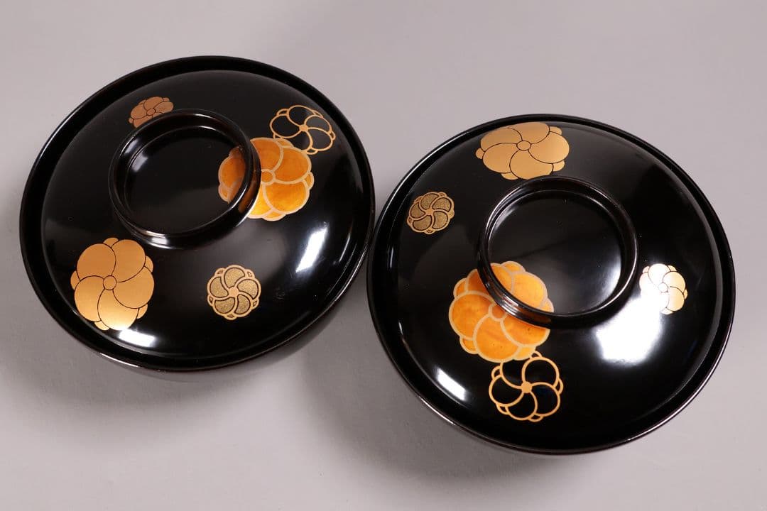 漆芸 木製漆器 捻り梅 金蒔絵 黒塗 御椀 二客 茶懐石道具【MA774】