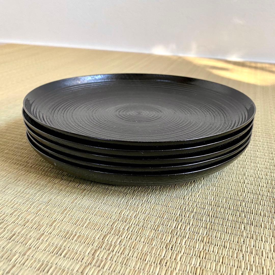 美品 輪島塗 【筋入銘々皿 5客組】菓子皿 千筋 天然木 漆塗 懐石 茶道具