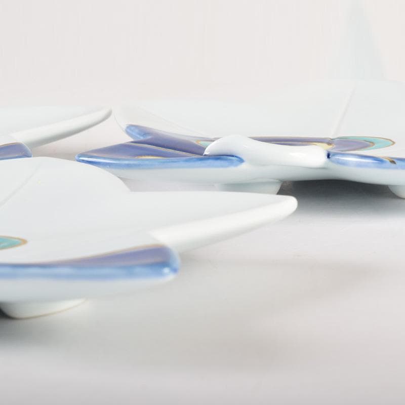 有田焼　富右衛門　色絵金彩　流水絵　葉形皿揃　三客　共布共箱　C7895