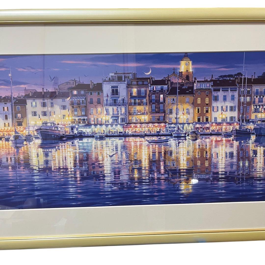 美品 笹倉鉄平 サントロペ港の夜 額装ポスター110×54cm 正規品