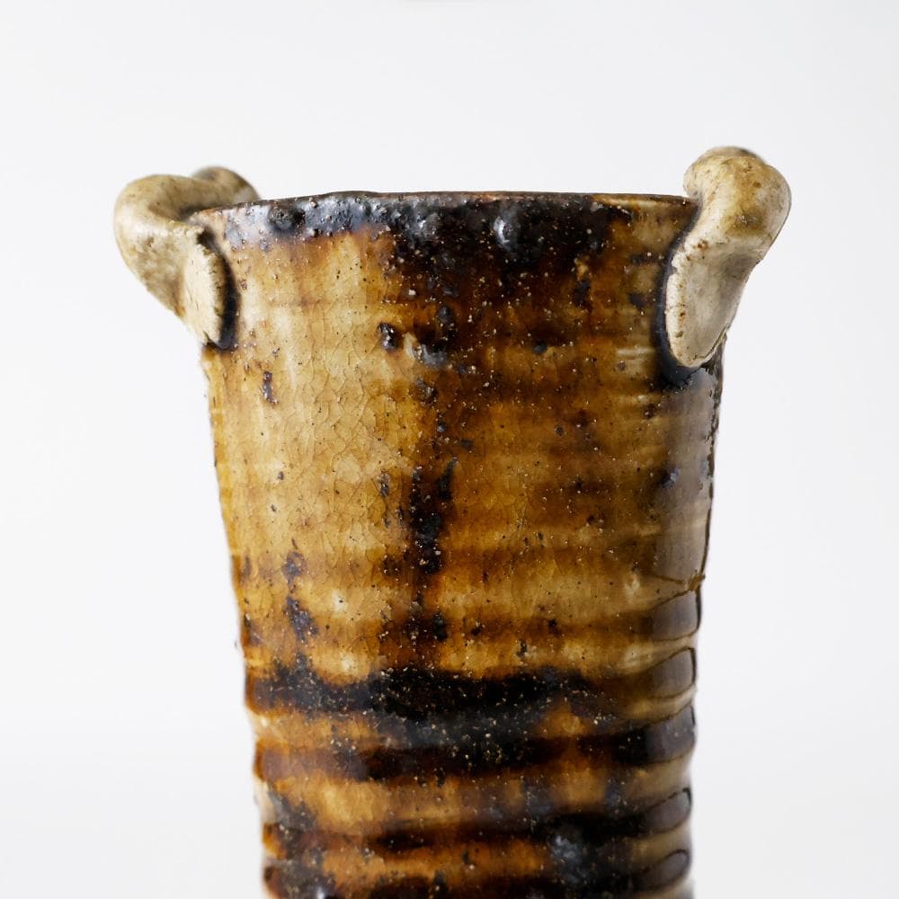 美濃伊賀 飴釉 掛花入 元屋敷窯 伊賀写し 旅枕 花器 美濃焼 筒花瓶 茶道具