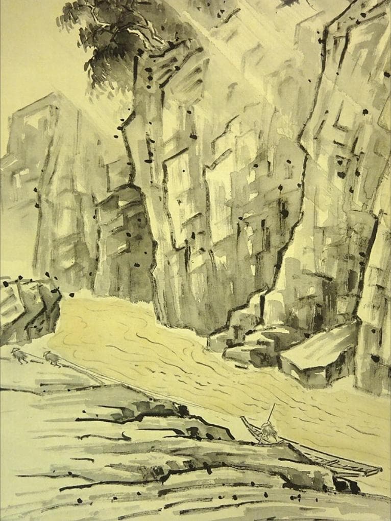 掛軸 北尾全牛『保津峡曳船』日本画 絹本 肉筆 共箱付 掛け軸 a07091