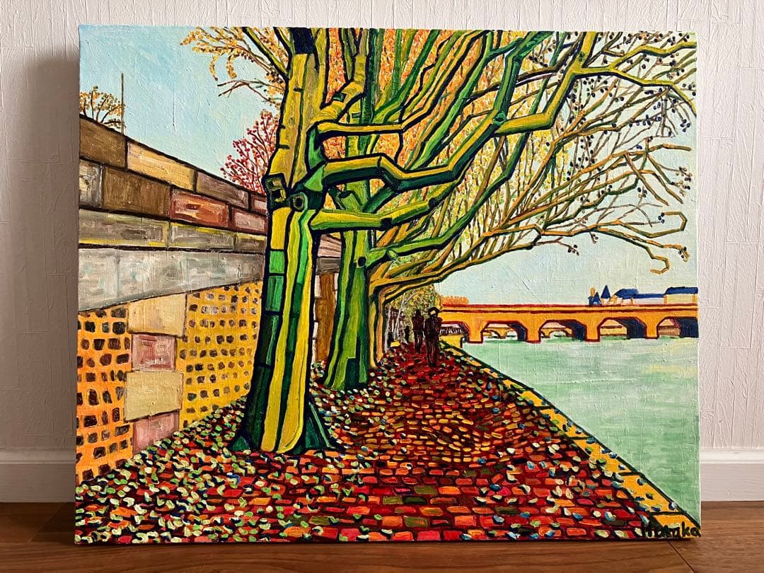 絵画　油絵　風景画　川沿いの並木道　F12