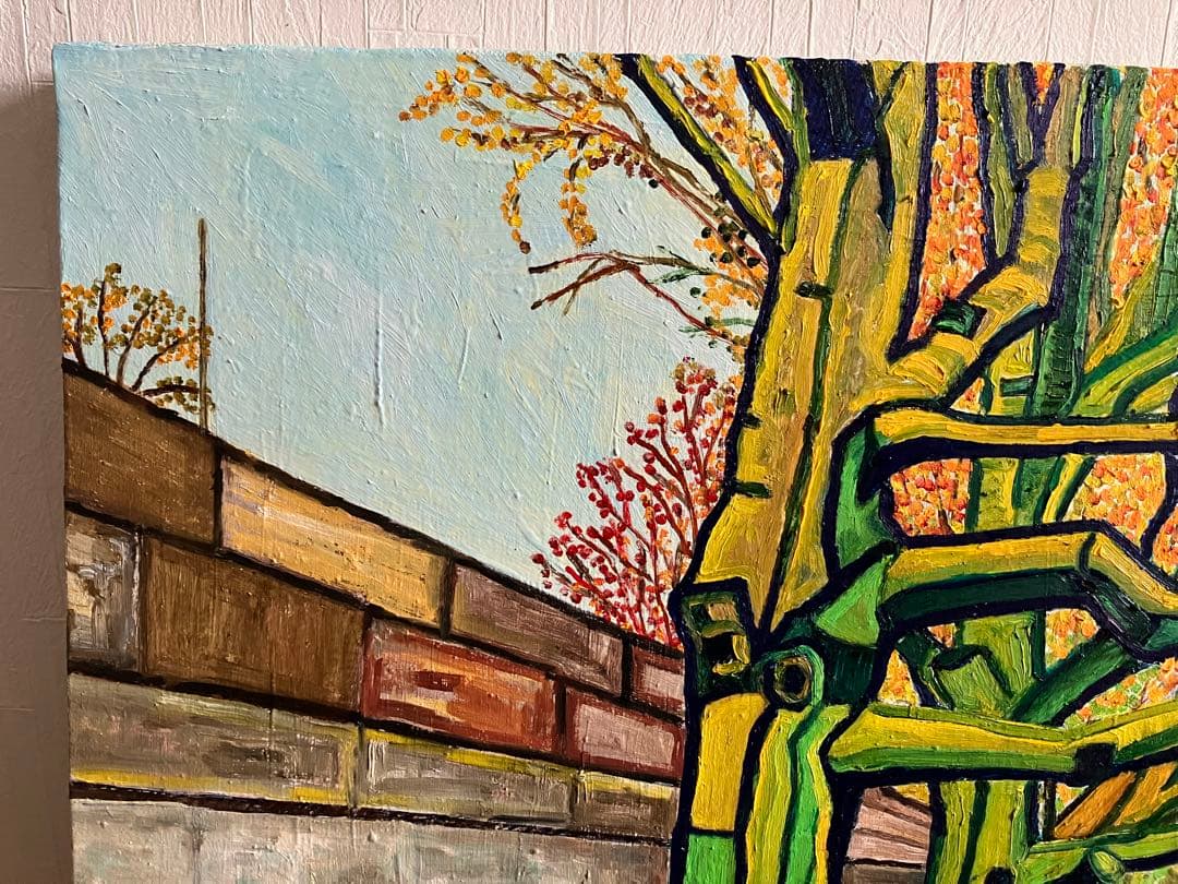 絵画　油絵　風景画　川沿いの並木道　F12