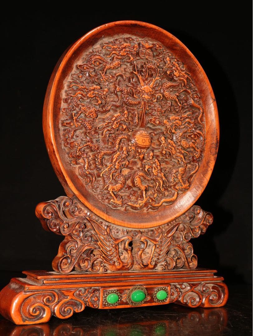 老黄楊木（ツゲ）彫刻「九龍戯珠」