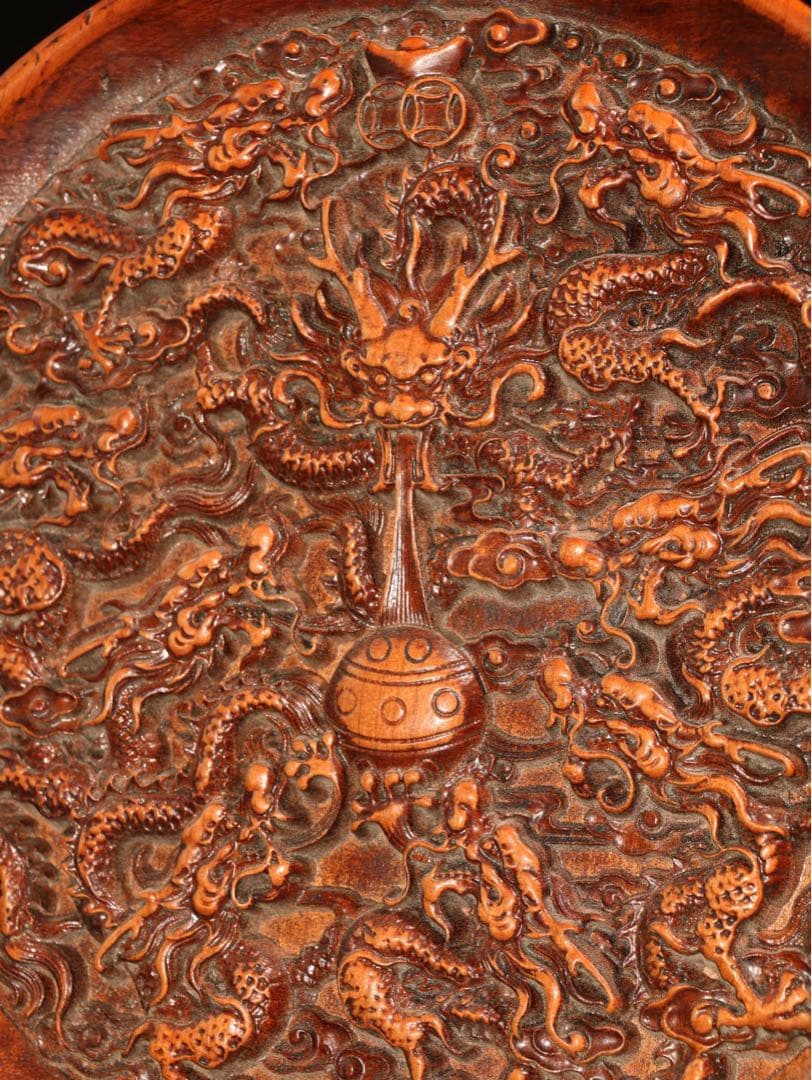 老黄楊木（ツゲ）彫刻「九龍戯珠」