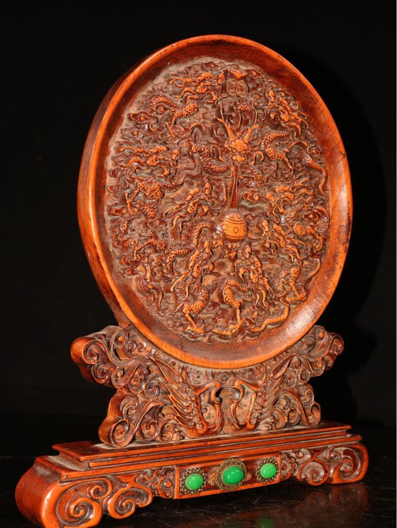 老黄楊木（ツゲ）彫刻「九龍戯珠」