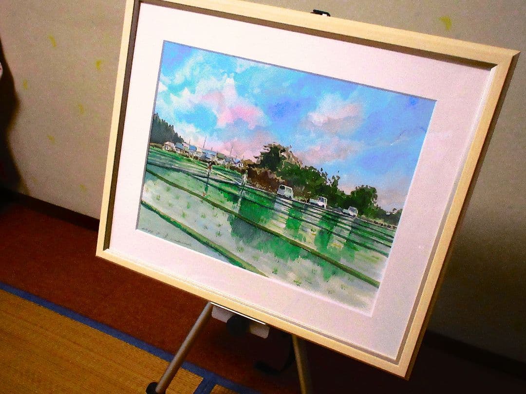 田植えの季節(水彩画 2022年作 フレーム付き)