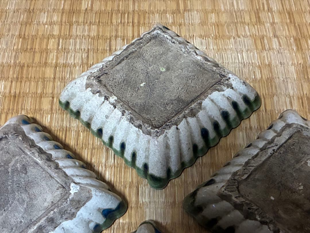 古織部 古い 陶器 菱形 小皿 盛皿 五枚 箱付 時代物
