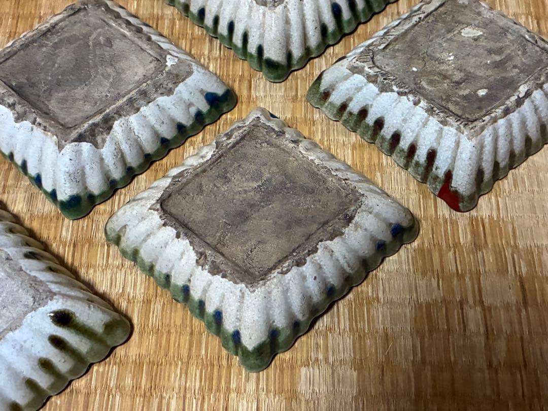 古織部 古い 陶器 菱形 小皿 盛皿 五枚 箱付 時代物