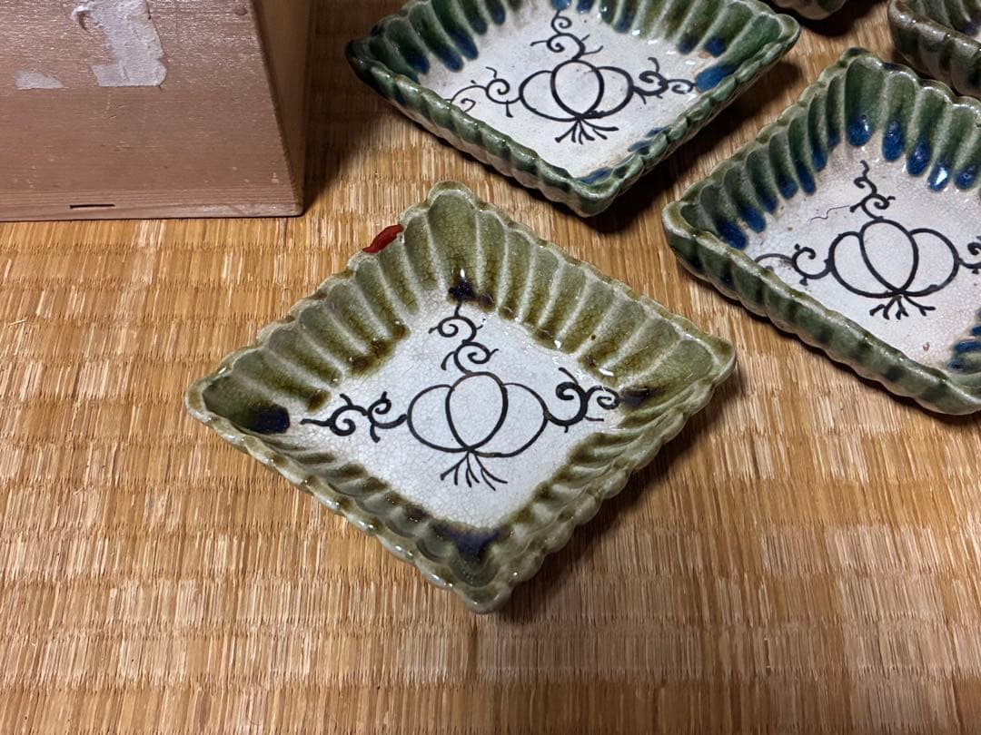古織部 古い 陶器 菱形 小皿 盛皿 五枚 箱付 時代物