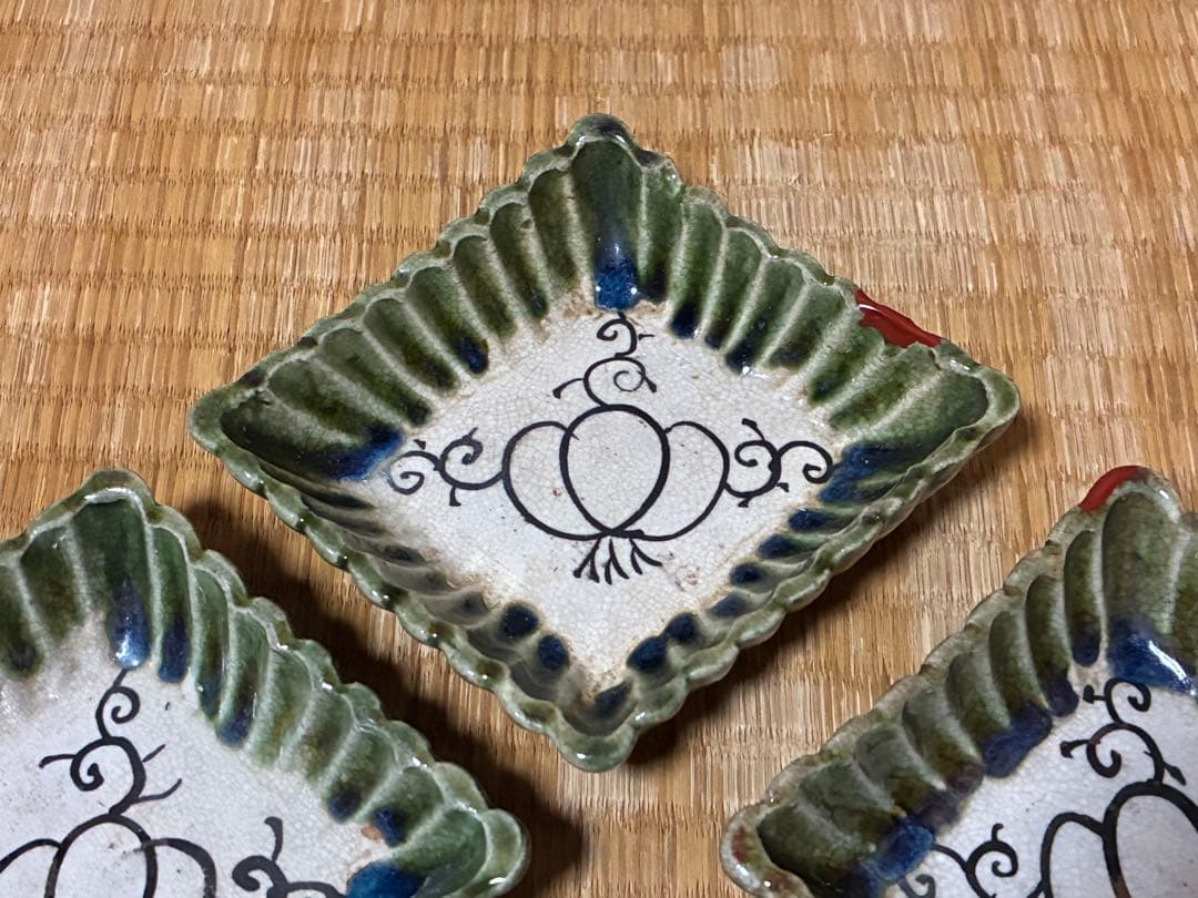 古織部 古い 陶器 菱形 小皿 盛皿 五枚 箱付 時代物