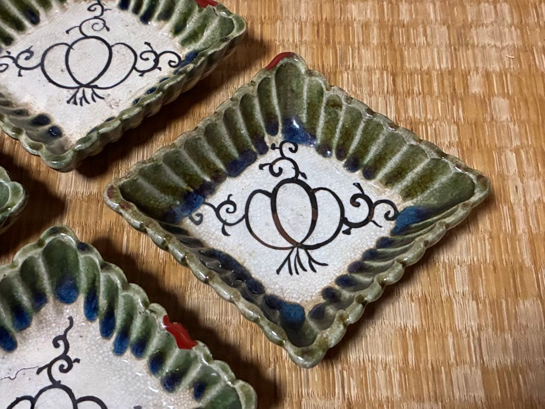 古織部 古い 陶器 菱形 小皿 盛皿 五枚 箱付 時代物