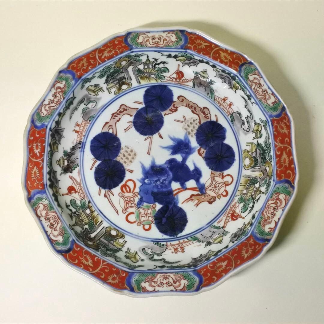 江戸後期　伊万里　色絵　獅子図　中皿　骨董品　アンティーク　h