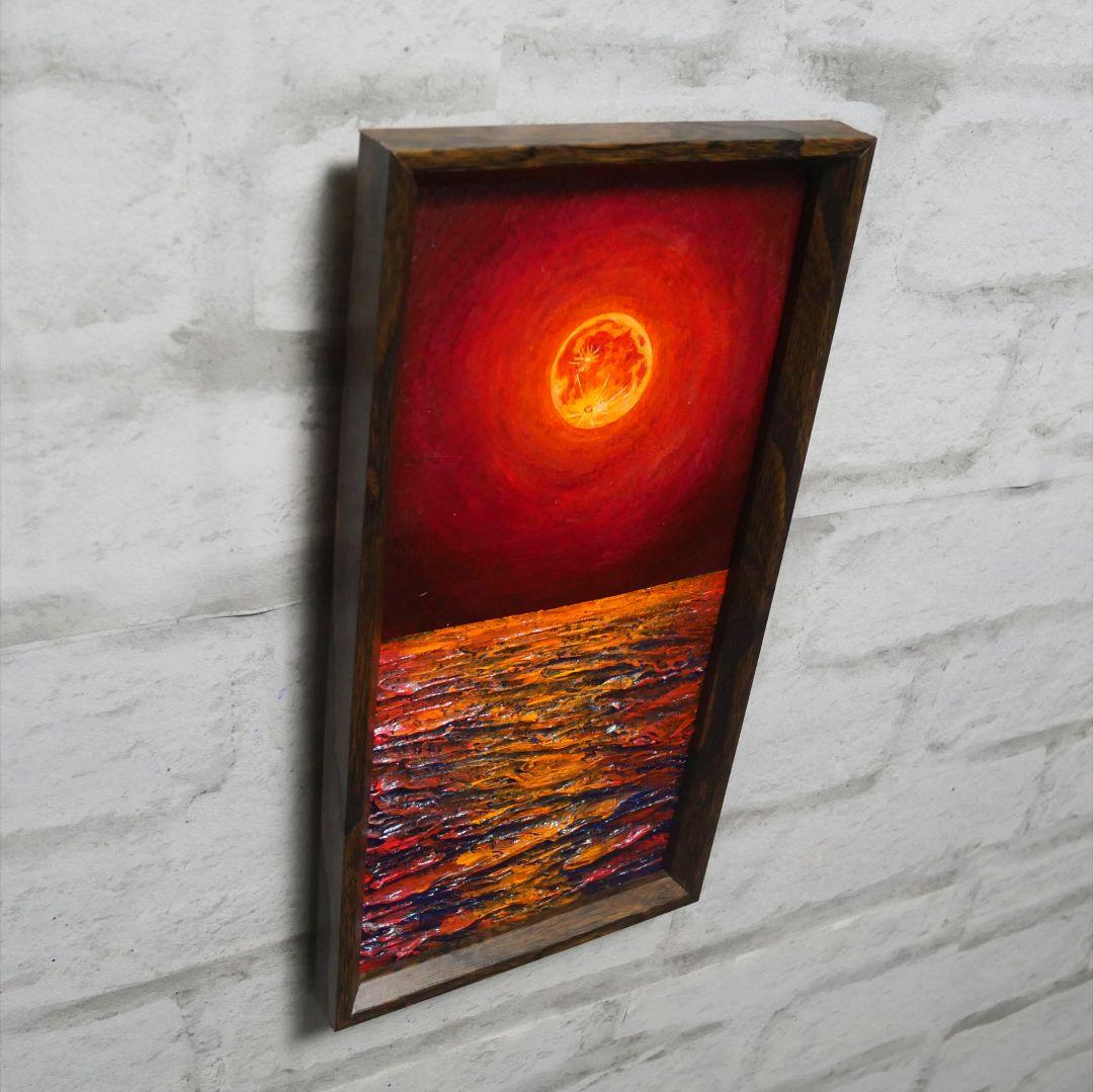 油絵 油彩 油彩画 絵 絵画 長方形ミニ絵画【オレンジ色の満月】