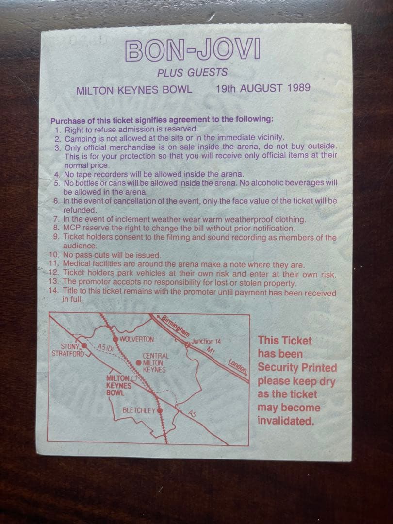 Bon Jovi 1989年Milton Keynesライブチケット半券