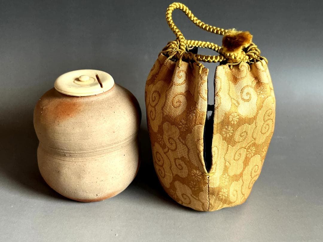 茶入れ■備前焼き 岸本昭彦 茶入布袋銅締め雲龍花文ドンス 共箱 時代物 骨董品■