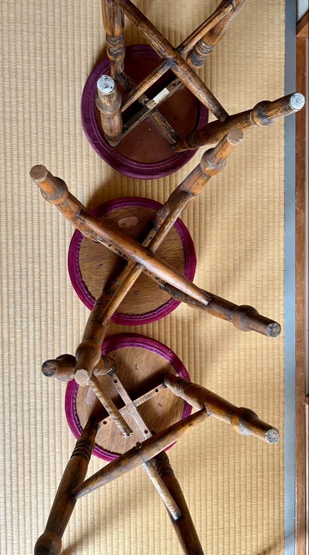 old maison アンティークチェア　スツール　丸椅子　木製＋布貼り　3脚