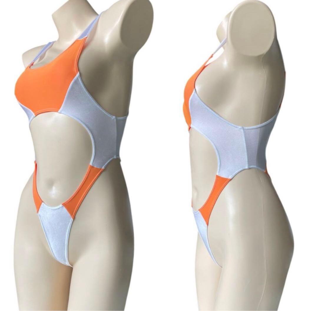 レオタード　ハイレグ　オレンジ×パールホワイト