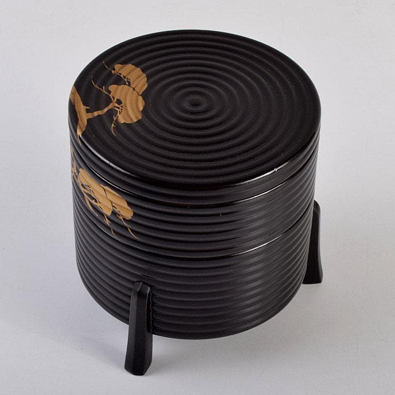 茶道具　黒漆　老松蒔絵　足付に段丸重　重箱　時代箱　C　8893