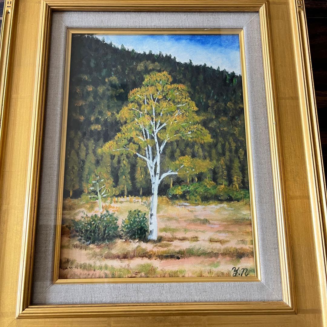 並木保次「貴婦人の白樺」油彩 F4 額装 油絵 油画 絵画 D