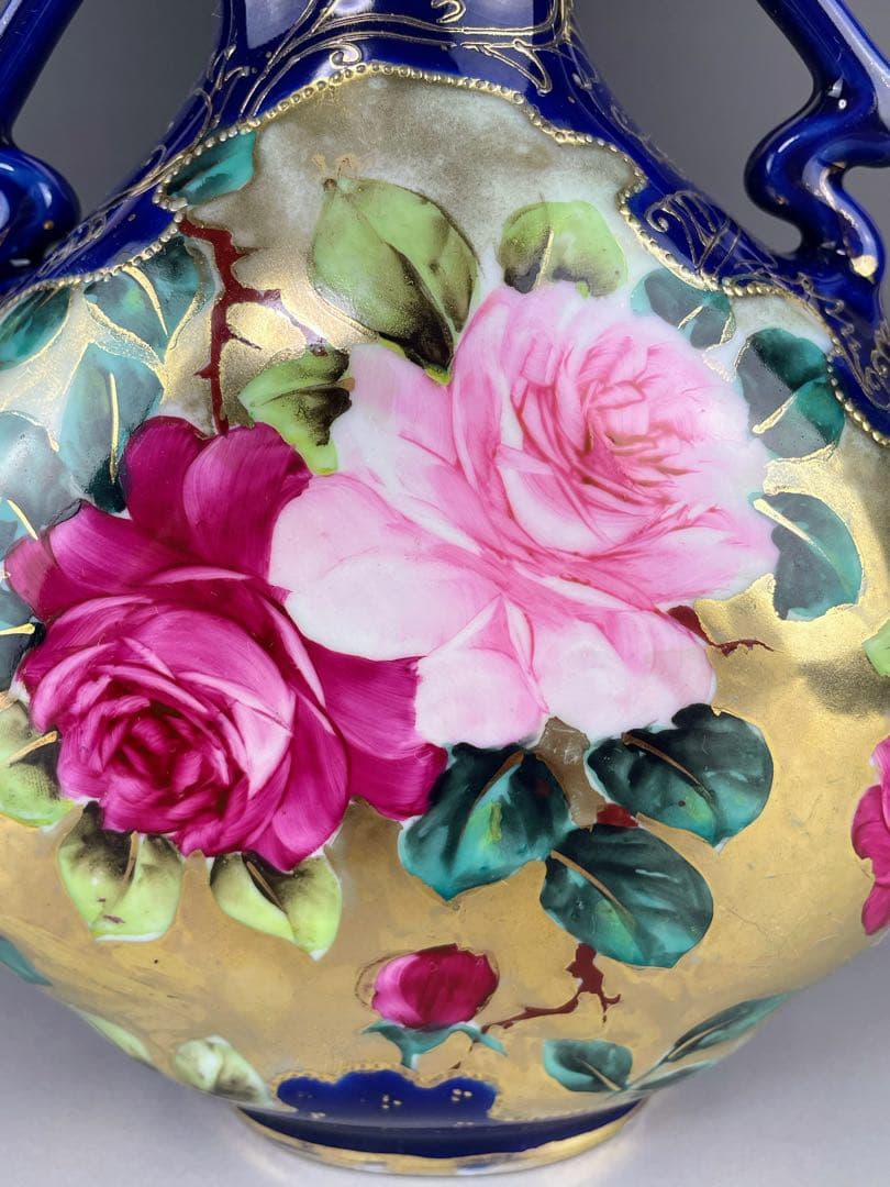 【美品】オールドノリタケ コバルト地 金盛り 薔薇紋 花瓶 メープルリーフ