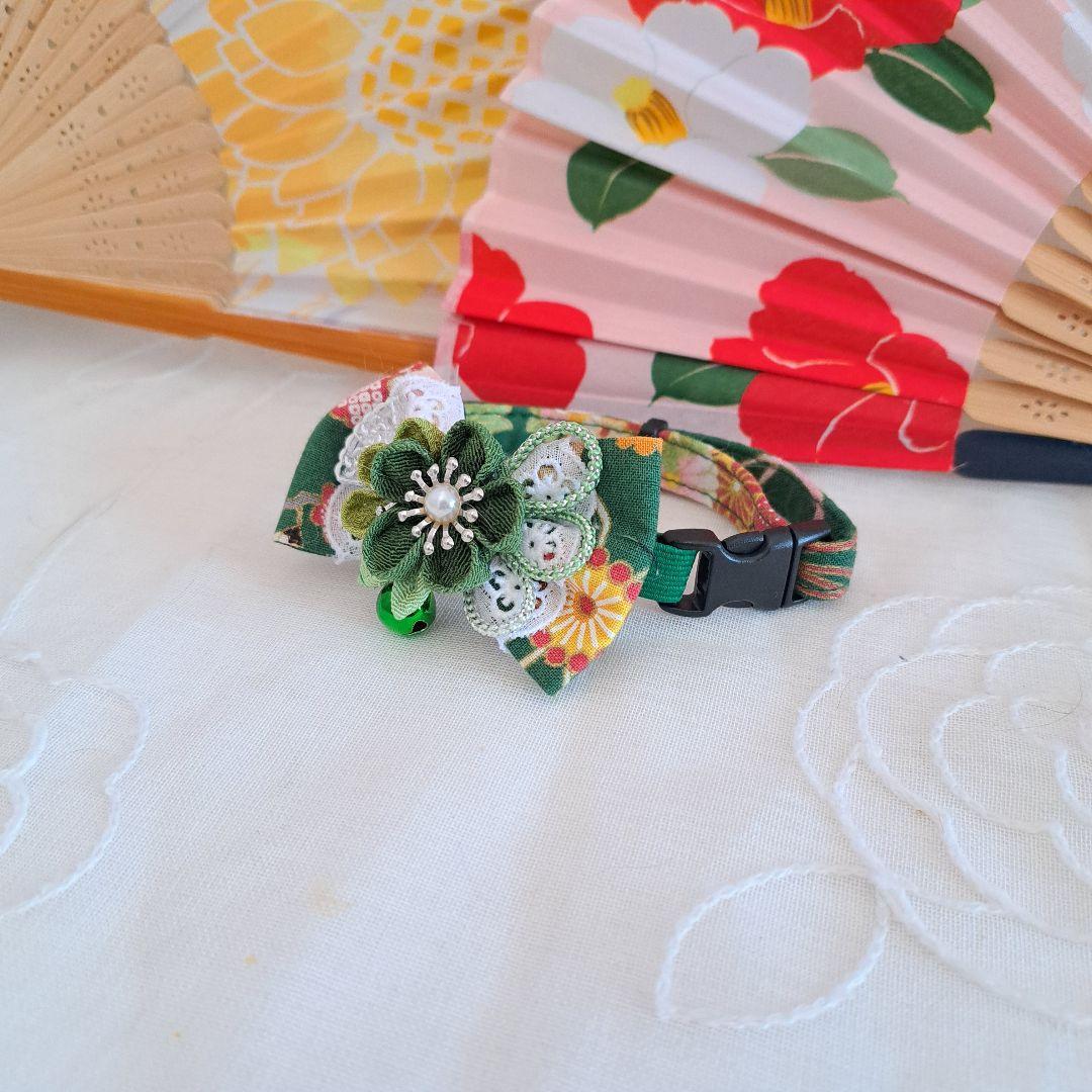 シングルリボン、和風つまみ細工(緑)わんちゃん猫ちゃん用首輪