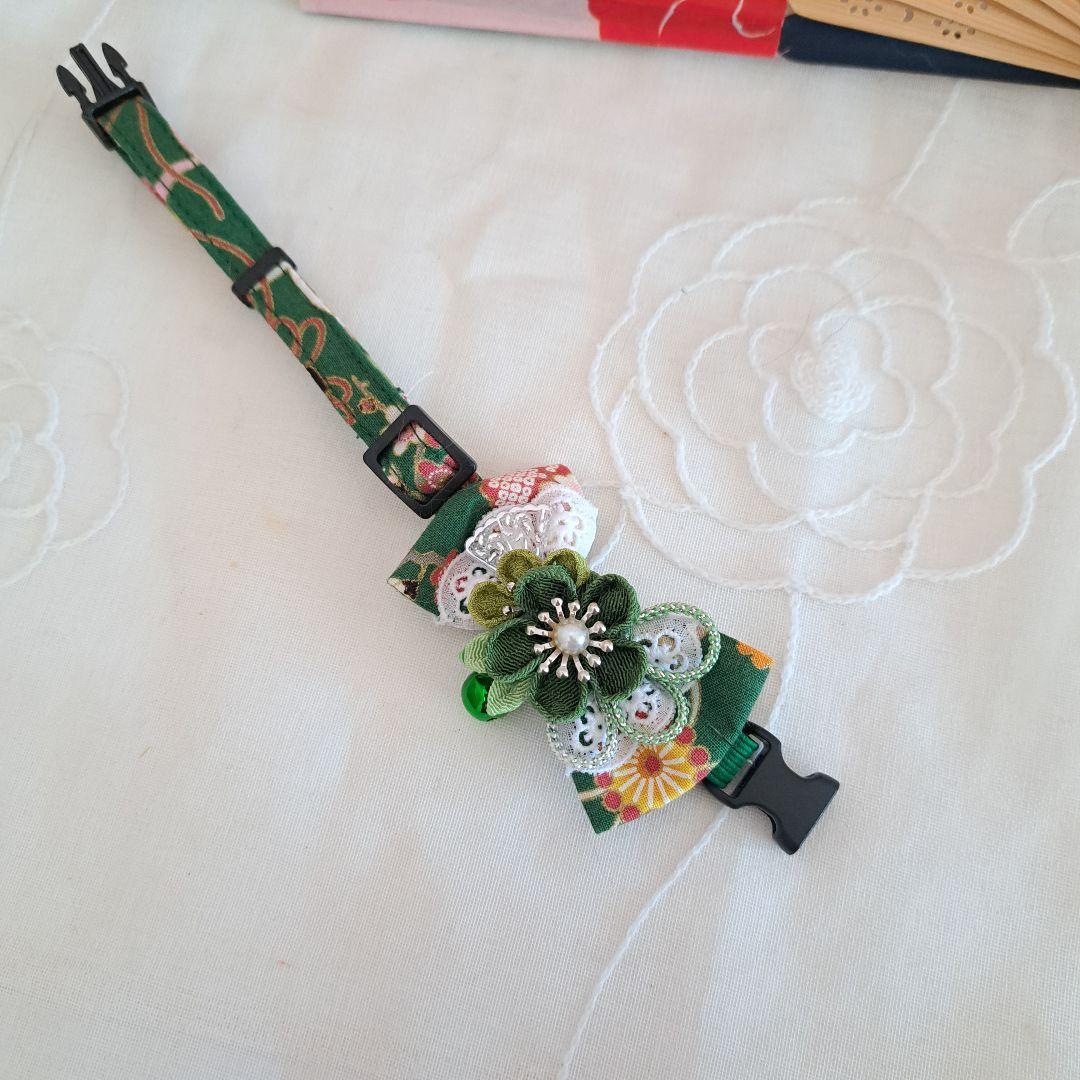 シングルリボン、和風つまみ細工(緑)わんちゃん猫ちゃん用首輪