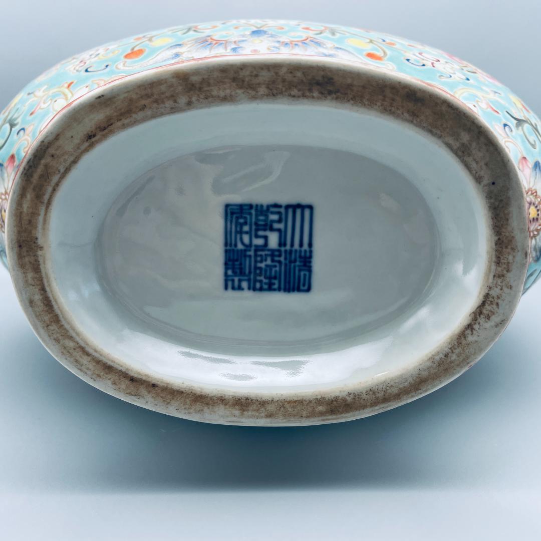 【清】陶磁器 神獣紋 大清乾隆年製 粉彩双耳花瓶 中国美術 41cm 古杉箱入