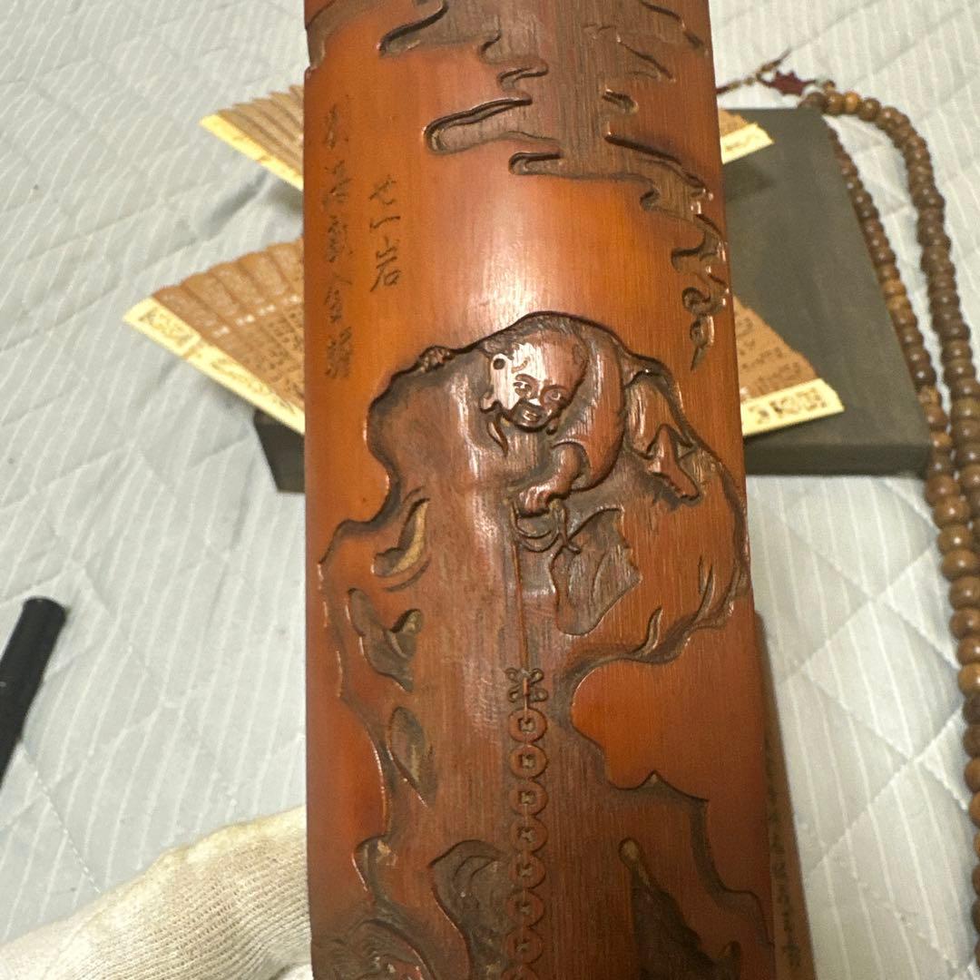中国 日本時代物白檀念珠紫檀香筒竹彫 詩文 人物 山水 茶道具アンティークまとめ
