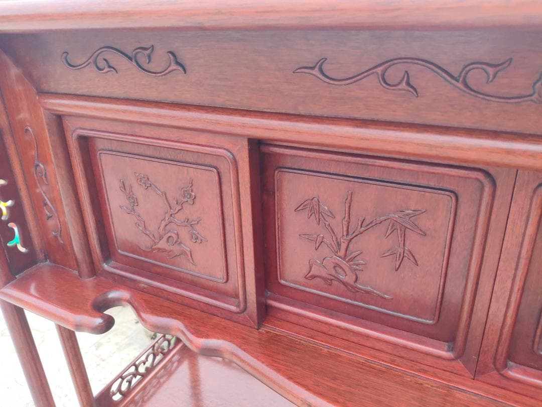 (送料設置込み)高級茶棚☆茶箪笥☆唐木飾り棚☆収納棚☆透かし彫り☆無垢