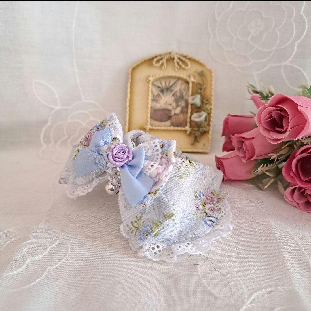 プッチ、和風つまみ細工(水色)わんちゃん猫ちゃん用襟付き首輪