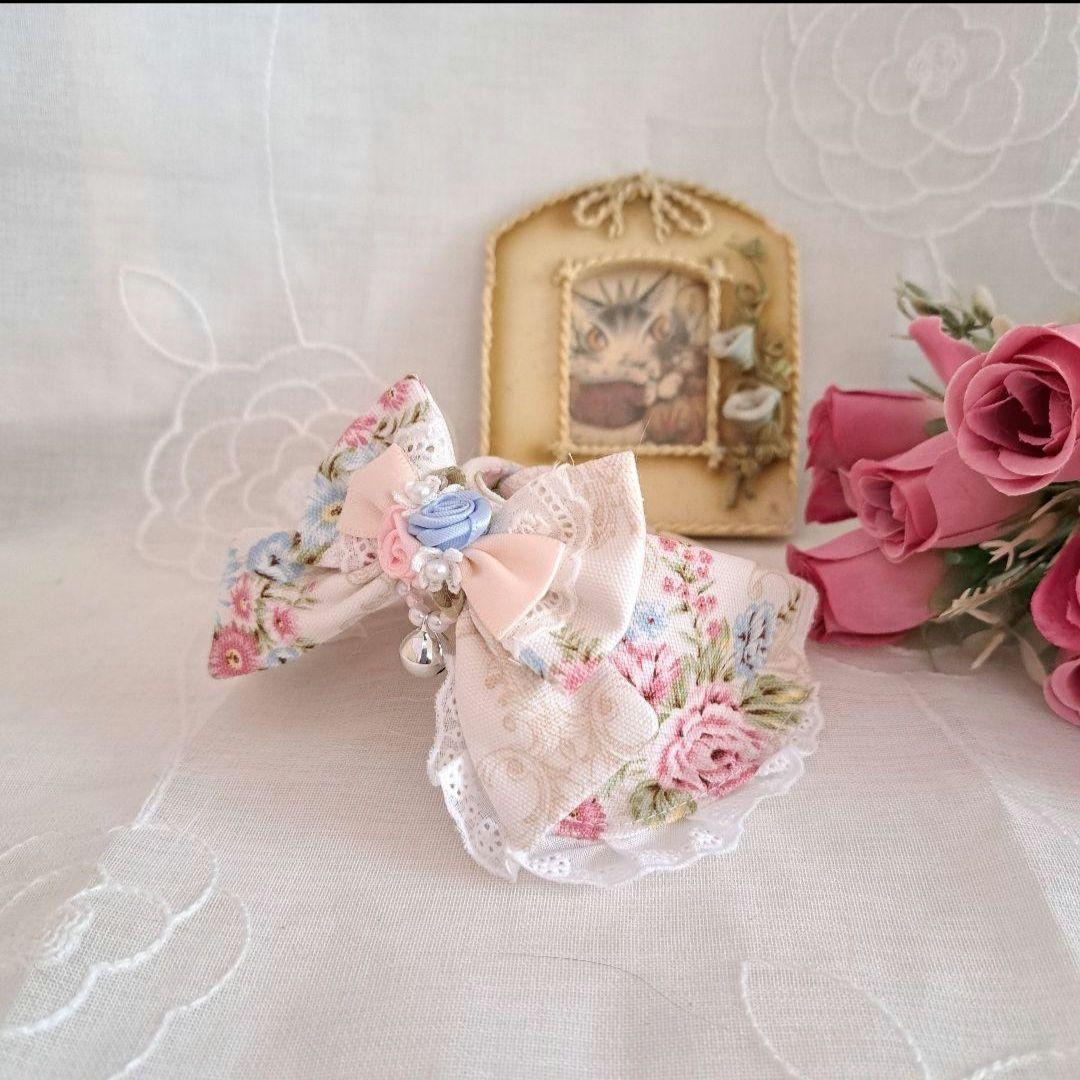 プッチ、和風つまみ細工(水色)わんちゃん猫ちゃん用襟付き首輪