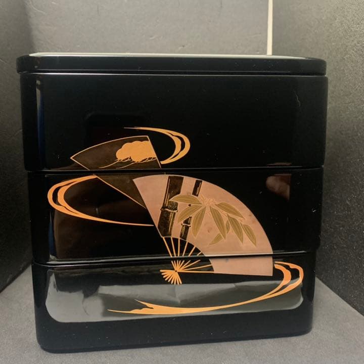 天然木 うるし塗り 漆塗 三段重箱 扇面蒔絵 三段 重箱