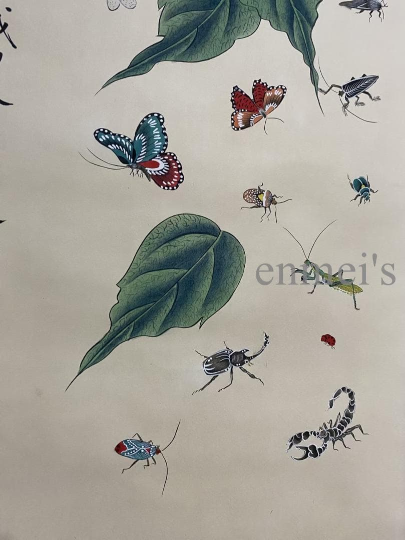 中国古美術 近代 齊白石款 昆虫と葉の掛軸 宣紙 肉筆 唐物 書画 名家作 旧蔵