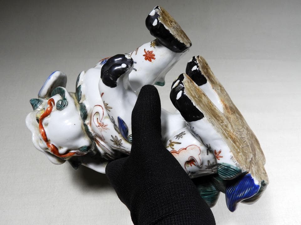 ●江戸期 傑作 古伊万里 柿右衛門様式 色絵 角獅子 独角獅子 妖怪 23cm高