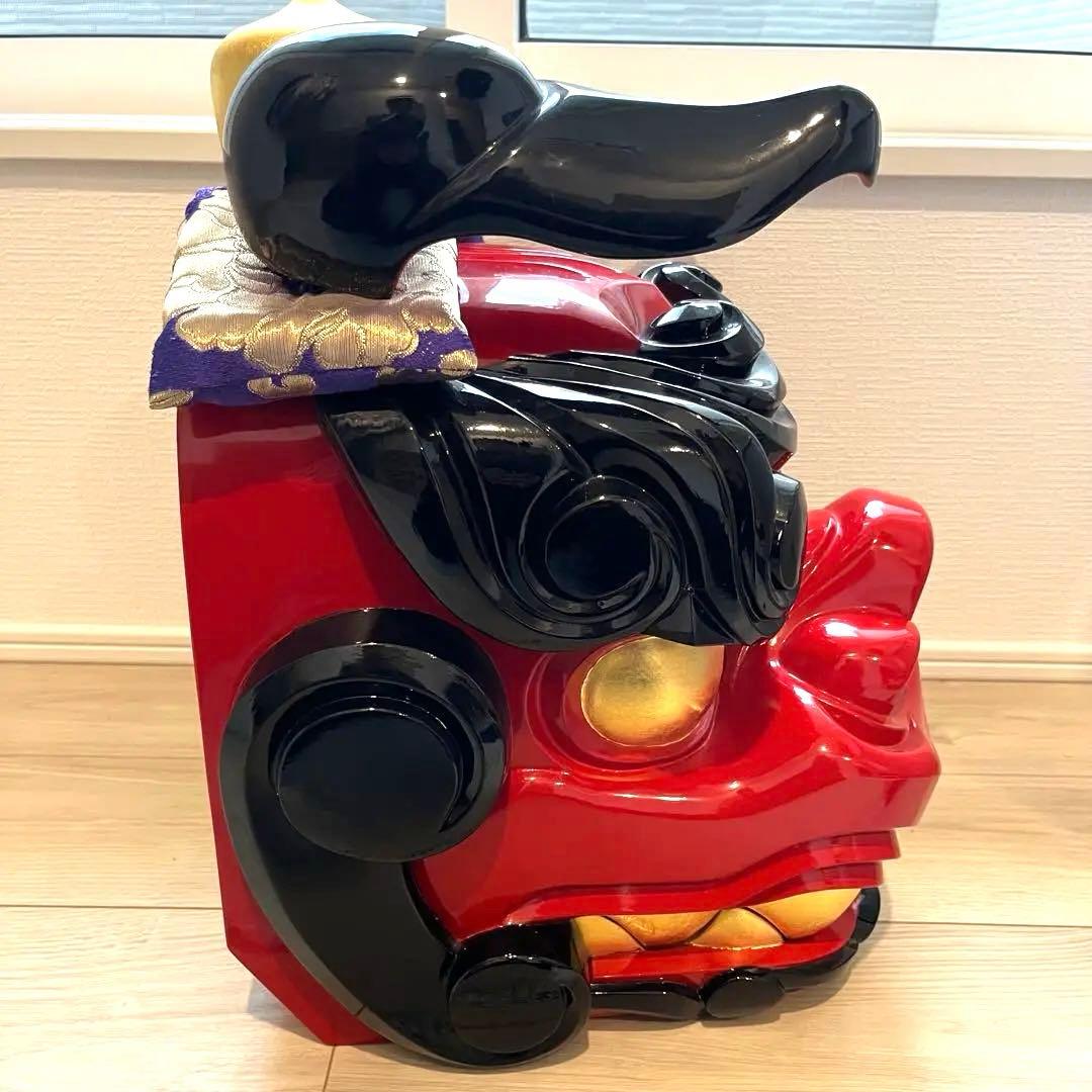 【大ぶり】獅子舞　獅子頭　木彫魔除け　祭　置物　古美術　神楽 木製 木彫 正月