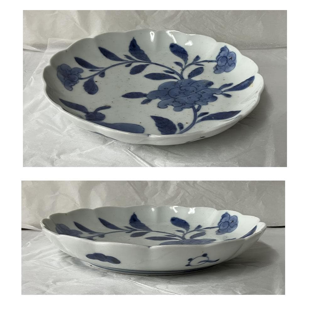 p055 古伊万里 染付 七寸皿 ５枚 牡丹唐草 輪花皿 輪花縁 皿