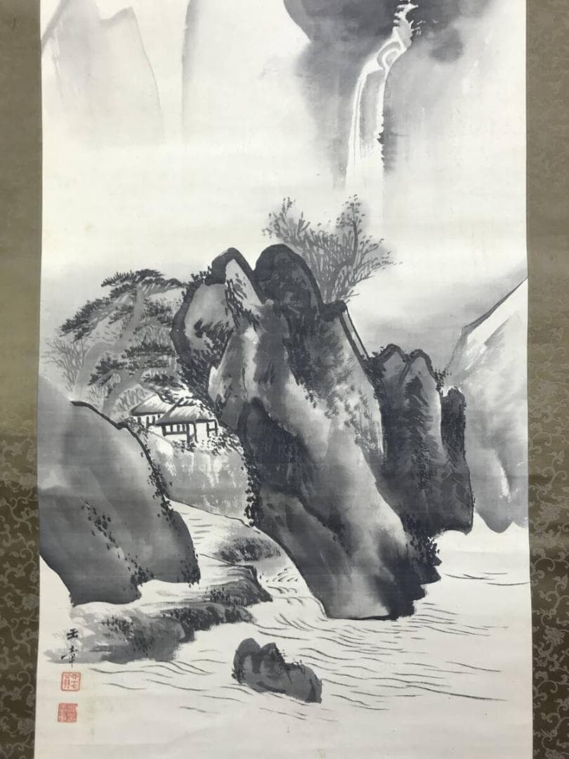 真作/川端玉章/渓山清閑図/水墨山水/山水図/掛軸☆宝船☆AH-535