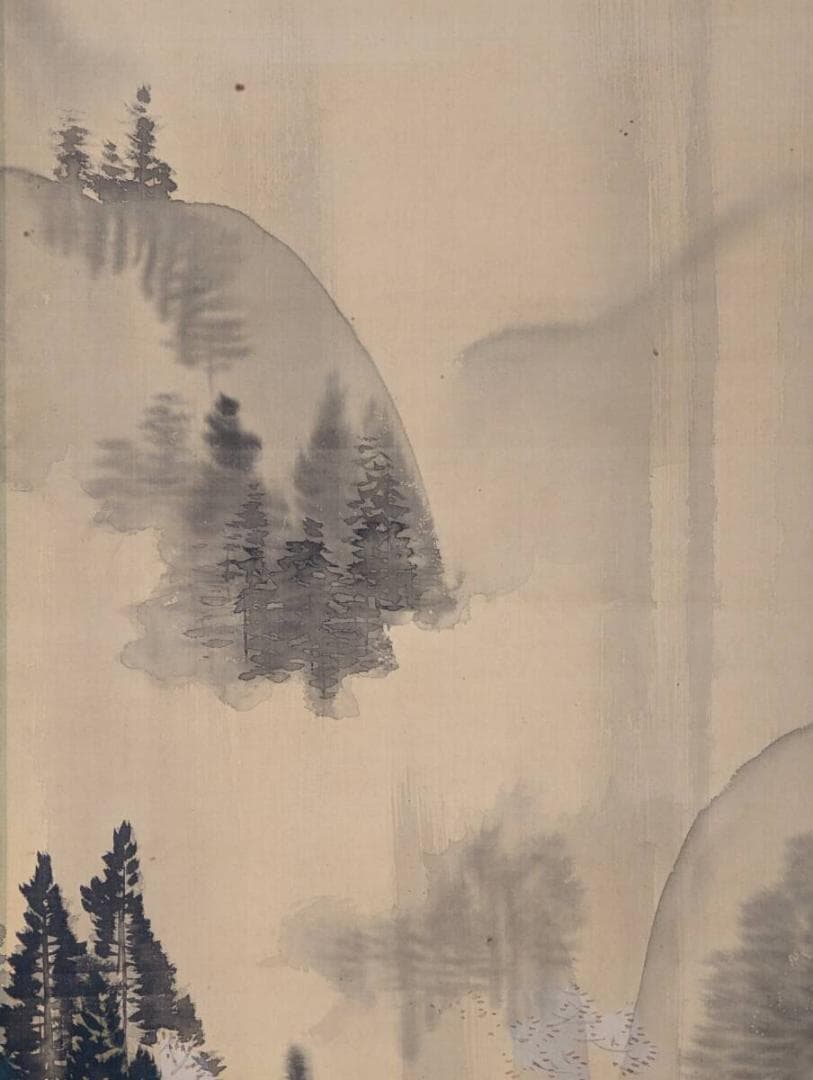 【真作】掛軸　幽玄の山水画　靄に包まれた静寂の世界　渓谷美　合箱入　R70