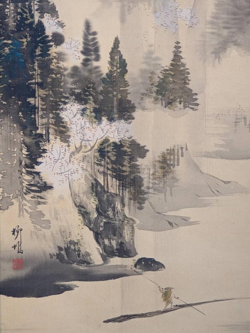 【真作】掛軸　幽玄の山水画　靄に包まれた静寂の世界　渓谷美　合箱入　R70