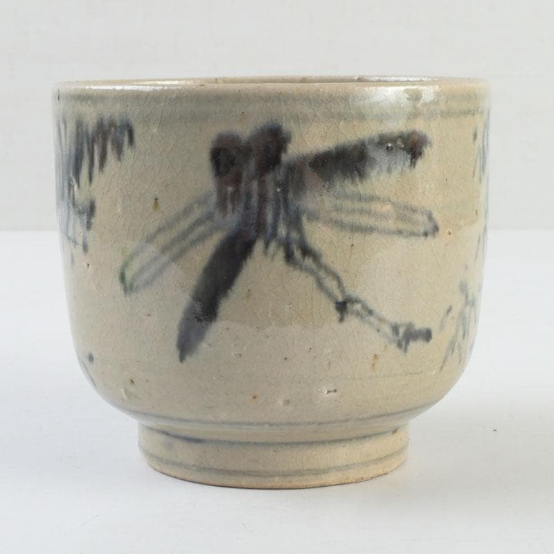 中国　呉須染付　花草昆虫文　茶碗　仕覆・時代箱付　C　9454