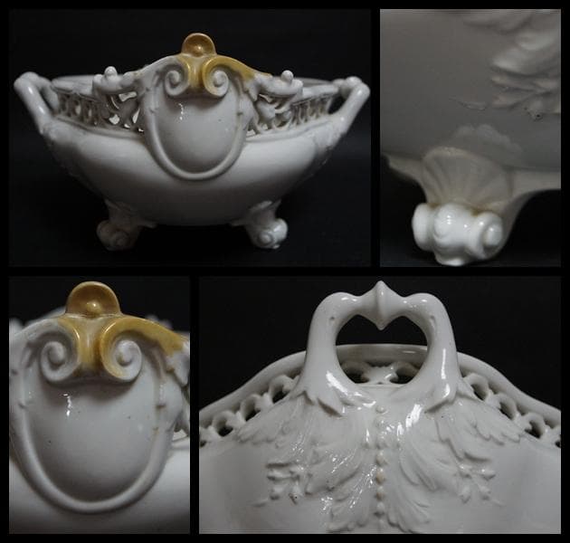 明治期 京都陶器會社作 白磁 細工彫り『花文』透かし彫 鉢 深鉢 飾り鉢 獣足